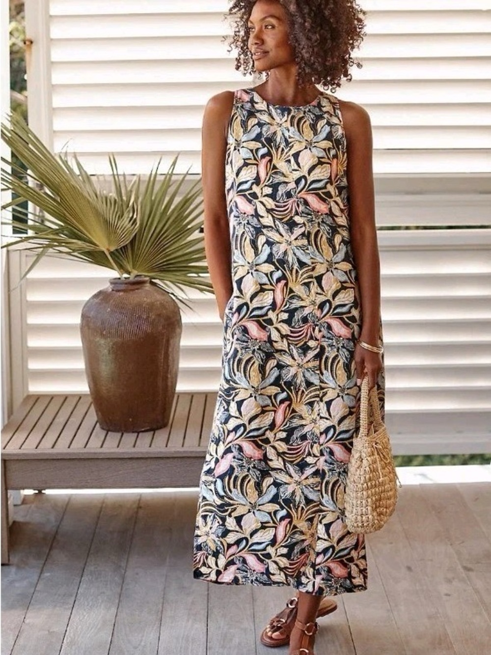 Garnet Hill Sleeveless Floral Leaf Print Midi Dress in Navy, Pink & Yellow